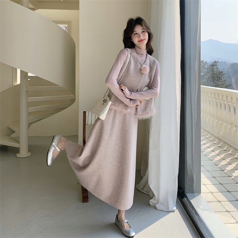 韩系甜美粉色鸵鸟毛拼接马甲内搭+半身裙三件套套装,女装套装/套裙,茵姿媚
