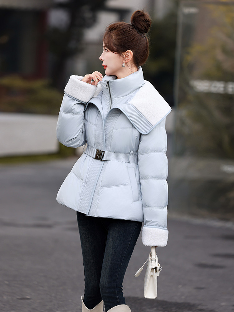 羊羔毛拼接大翻领气质收腰羽绒服女2025冬季小个子显瘦白鸭绒外套,女装羽绒服,一安秀