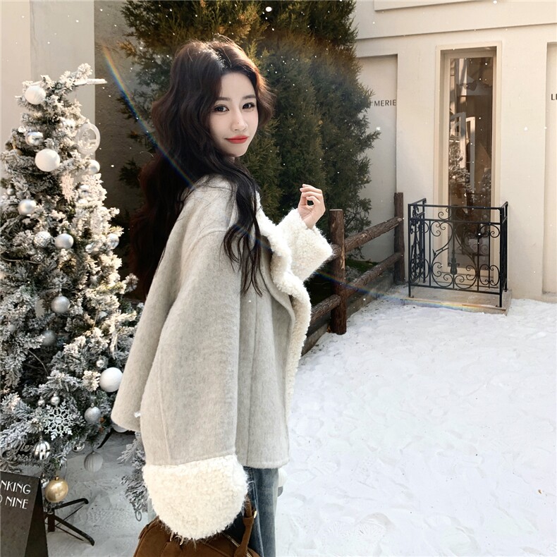 现货！大翻领羊羔毛拼接双面羊毛呢大衣外套女2C325-5757P280K418,女装毛呢外套,2C325