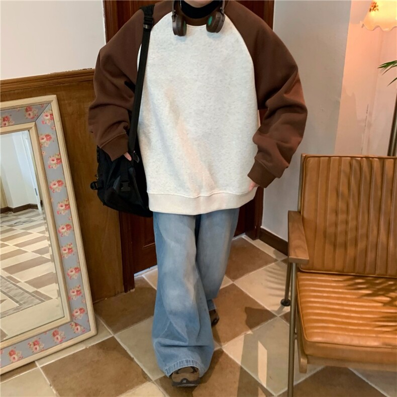 美式插肩撞色纯棉长袖t恤男生春秋季薄款黑白拼接打底衫潮牌上衣,男装T恤,星座813-2
