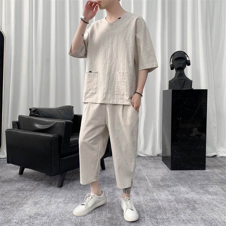 W850P85短句风宽松休闲春夏装V领T恤绣花刺绣套装风棉麻七分,男装休闲套装,电商A026