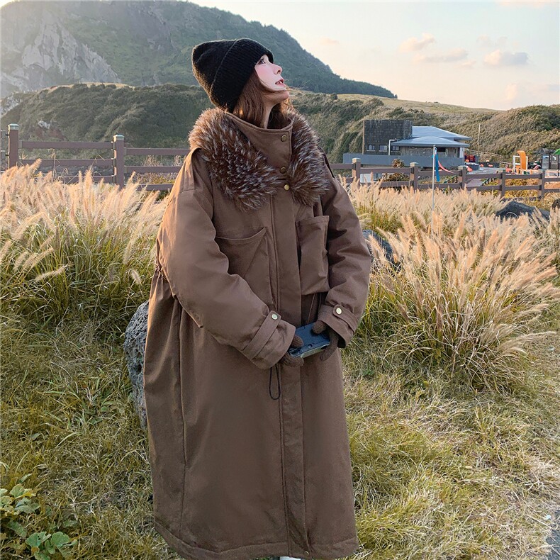 美拉德咖色大毛领派克羽绒服女冬超火好看高级感加绒加厚工装外套,女装羽绒服,2C085