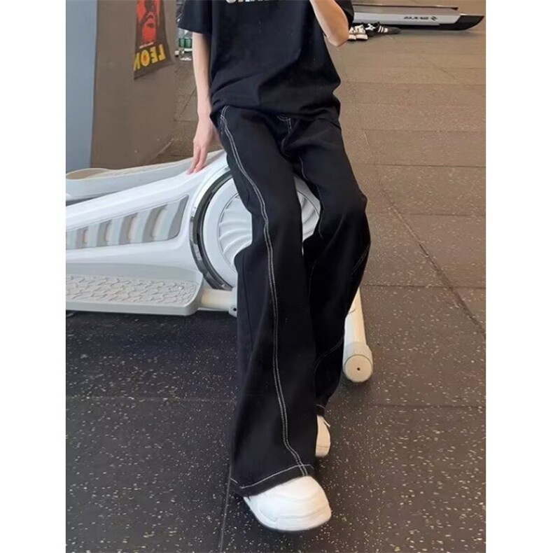 质感黑窄版阔腿牛仔裤女早秋款显瘦高腰设计感直筒拖地裤N1163,男装牛仔裤,星座1116A（原606A-3）