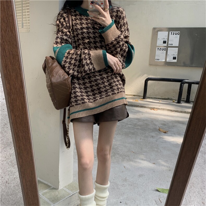 秋冬新款圆领撞色拼色套头长袖毛针织衫毛衣女,针织衫/毛衣,潮品会