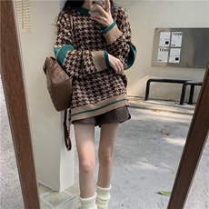 秋冬新款圆领撞色拼色套头长袖毛针织衫毛衣女，女装针织衫/毛衣，潮品会