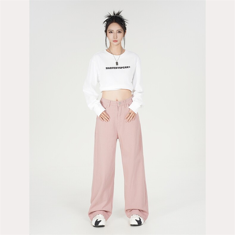粉色阔腿毛边牛仔裤男女2024秋新款时髦显瘦宽松垂感直筒拖地裤,男装牛仔裤,星座410-7