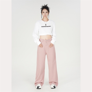 粉色阔腿毛边牛仔裤男女2024秋新款时髦显瘦宽松垂感直筒拖地裤图片