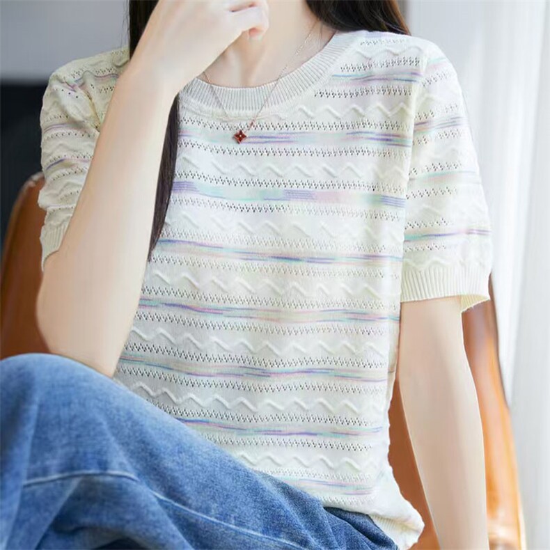 夏季新款简约时尚百搭彩条女士修身显瘦短袖,女装T恤,萱芳婷羊绒