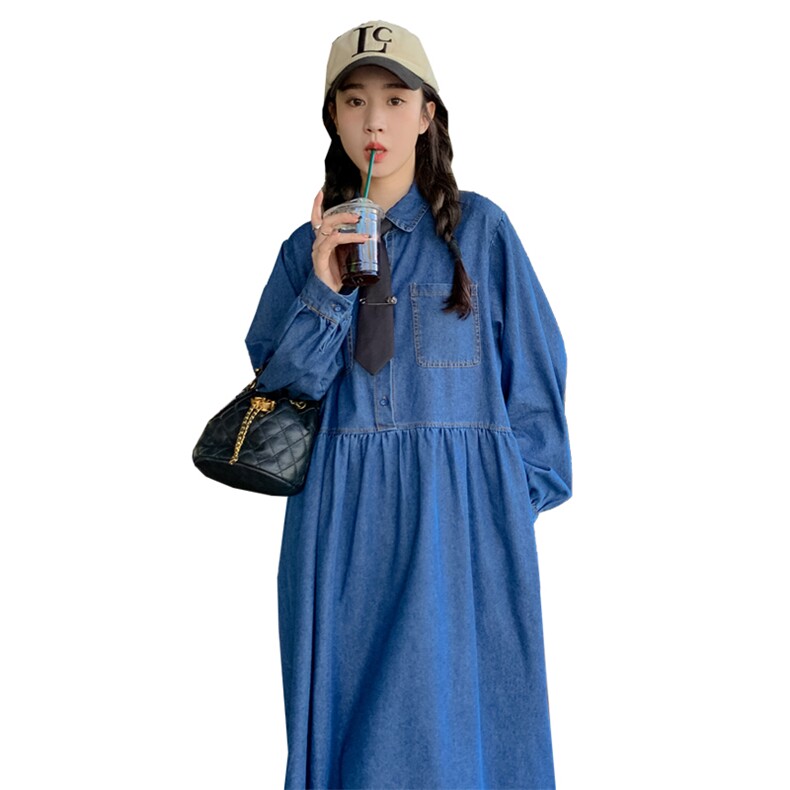 现货慵懒宽松牛仔连衣裙配领带,女装连衣裙,菡迪欧娜