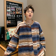 美式潮牌撞色条纹宽松毛衣潮牌复古休闲慵懒风针织衫毛衣外套，男装针织衫/毛衣，星座410-7