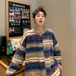 美式潮牌撞色条纹宽松毛衣潮牌复古休闲慵懒风针织衫毛衣外套图片