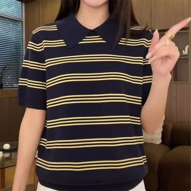 2025夏季新款翻领冰丝短袖T恤女宽松显瘦薄款Polo领针织条纹上衣,针织衫/毛衣,萱芳婷羊绒