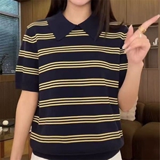 2025夏季新款翻领冰丝短袖T恤女宽松显瘦薄款Polo领针织条纹上衣，女装针织衫/毛衣，萱芳婷羊绒