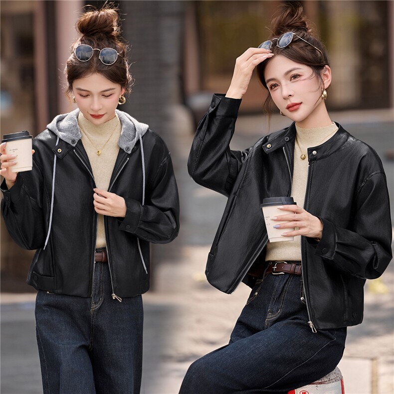 可拆卸针织连帽加绒加厚皮衣女2025冬季新款宽松休闲百搭pu皮棉衣,女装皮衣,英标秀（1C119）