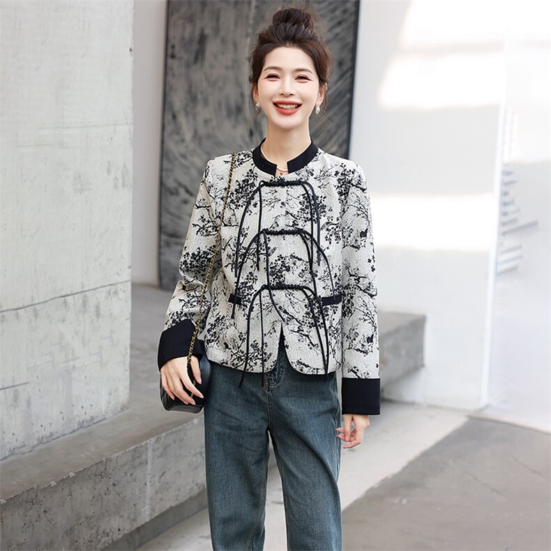 现货现发新中式水墨画圆领流苏扣外套,女装短外套,墨羽桐