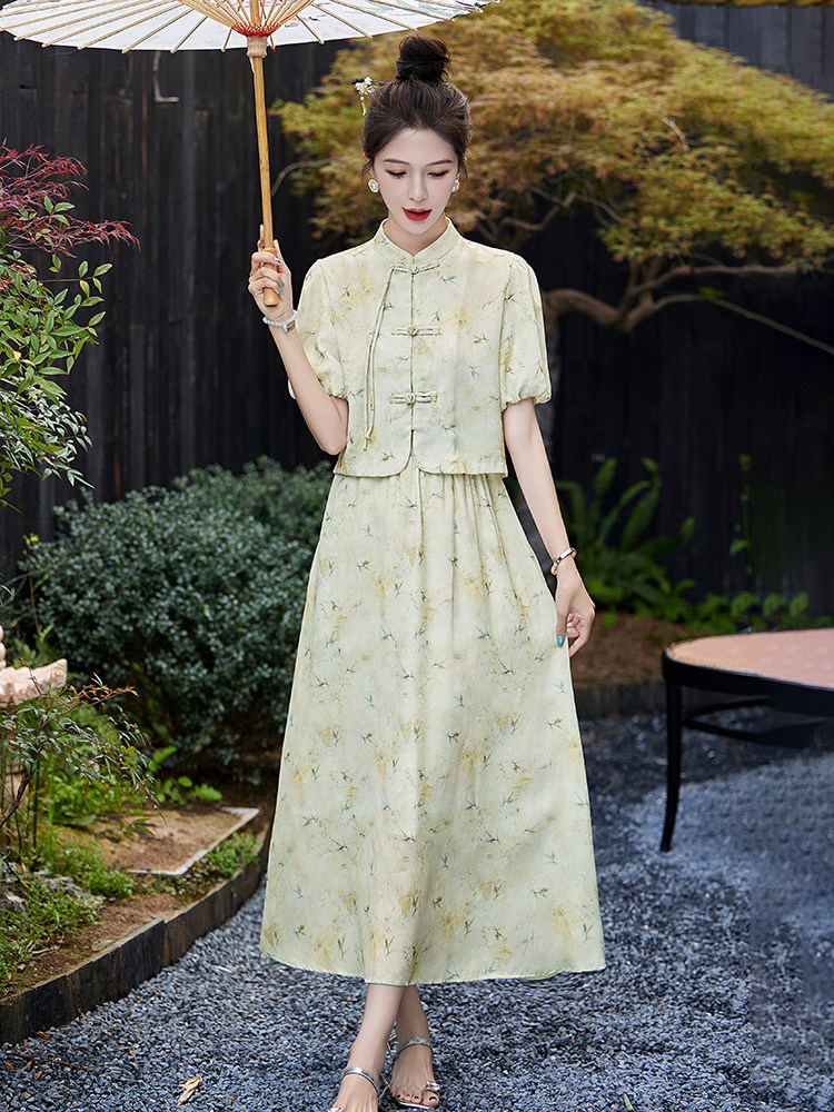 现货新中式连衣裙套装2024夏新款绝美精致高级感半身裙两件套,女装套装/套裙,琦鑫阁（原依鑫阁）