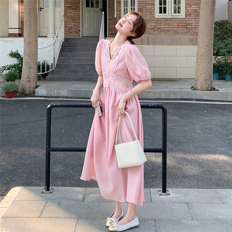 粉色度假风天丝连衣裙女夏季新款法式森系减龄温柔甜美长款仙女裙,女装连衣裙,2C307
