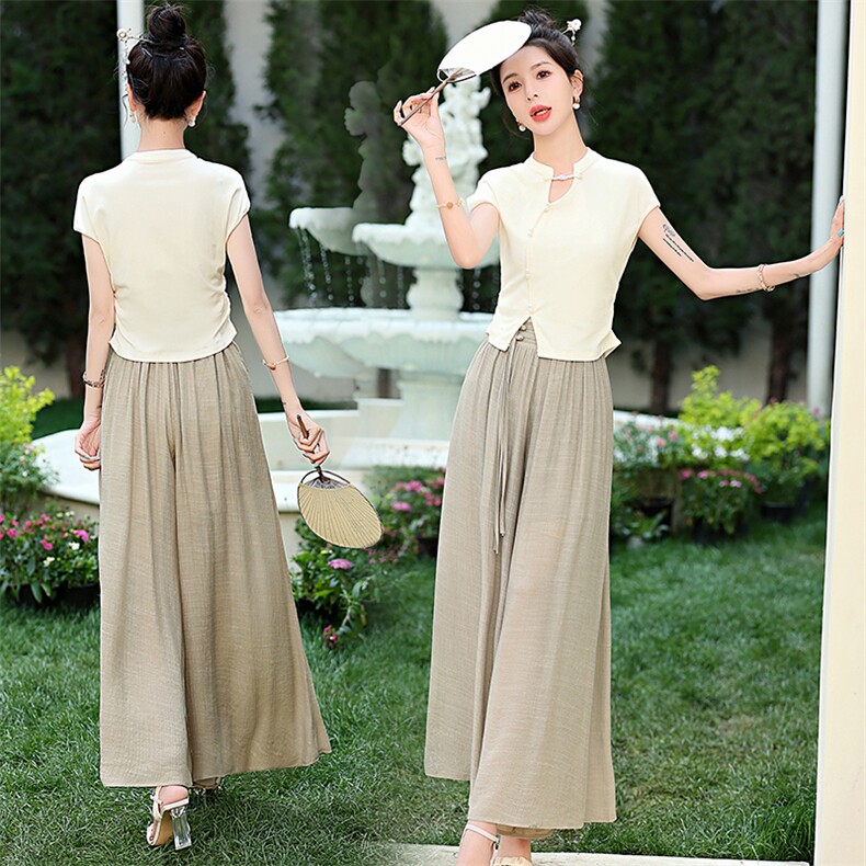 现货2026夏季新中式盘扣针织上衣裤子两件套套装，女装套装/套裙，兰菲阁