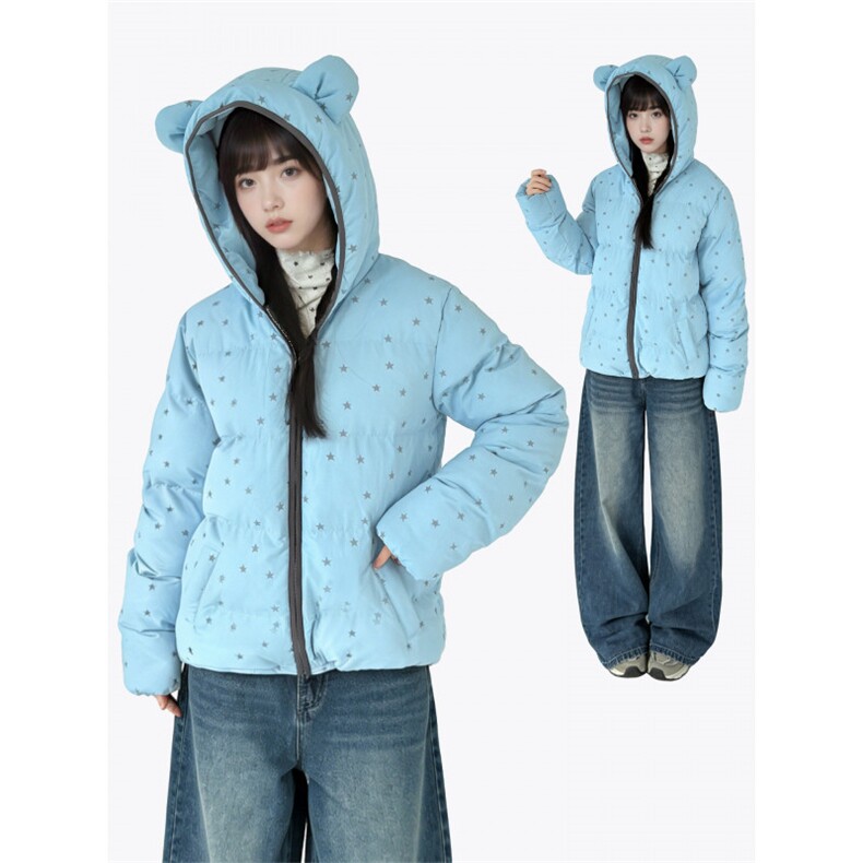 1506A/G79170/P92可爱蓝色星星印花小熊耳朵连帽棉服外套女冬季保图片