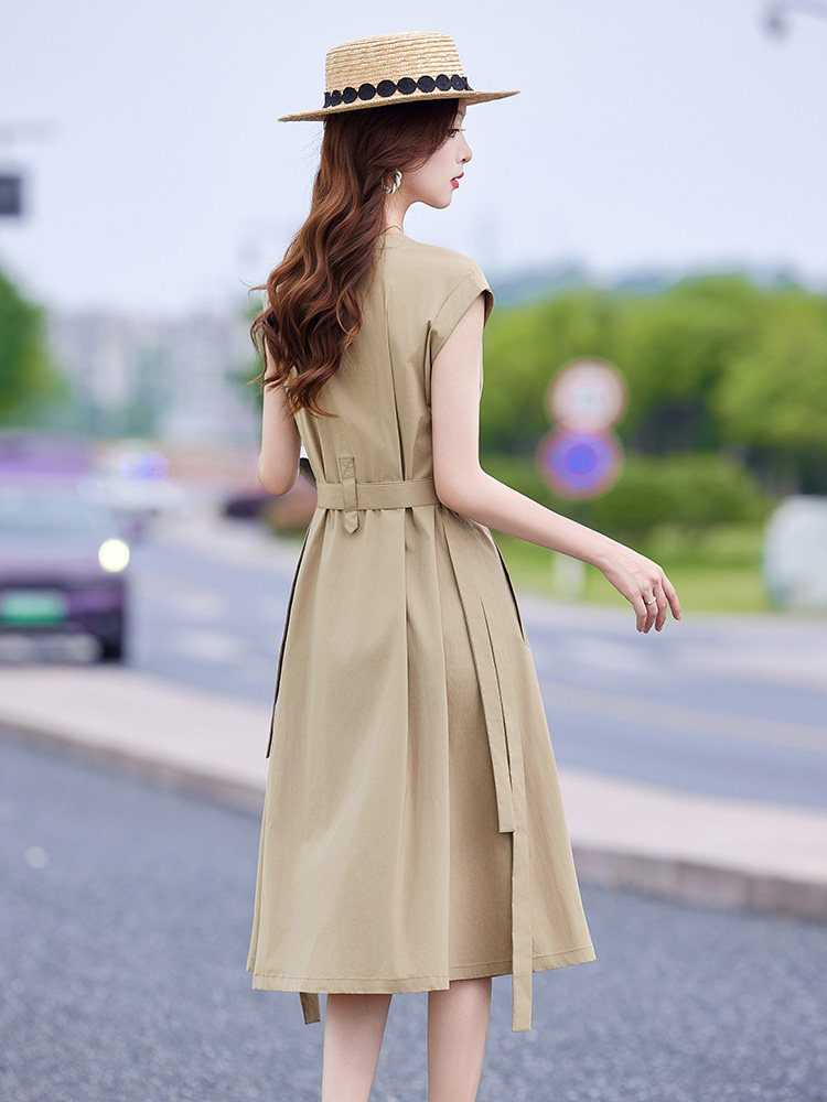 卡其色工装风纯棉衬衫连衣裙女2025夏季新款通勤气质绑带收腰裙子,女装连衣裙,靓衣阁