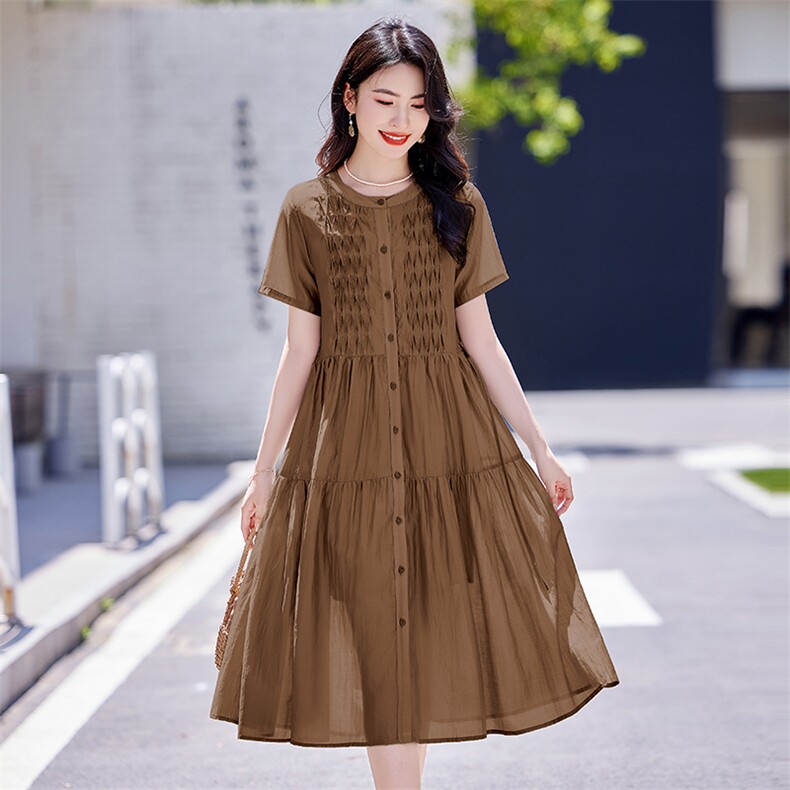 温柔风甜美黄色收腰显瘦连衣裙女2025新款夏季短袖绝美气质长裙子,女装连衣裙,梦芯尔