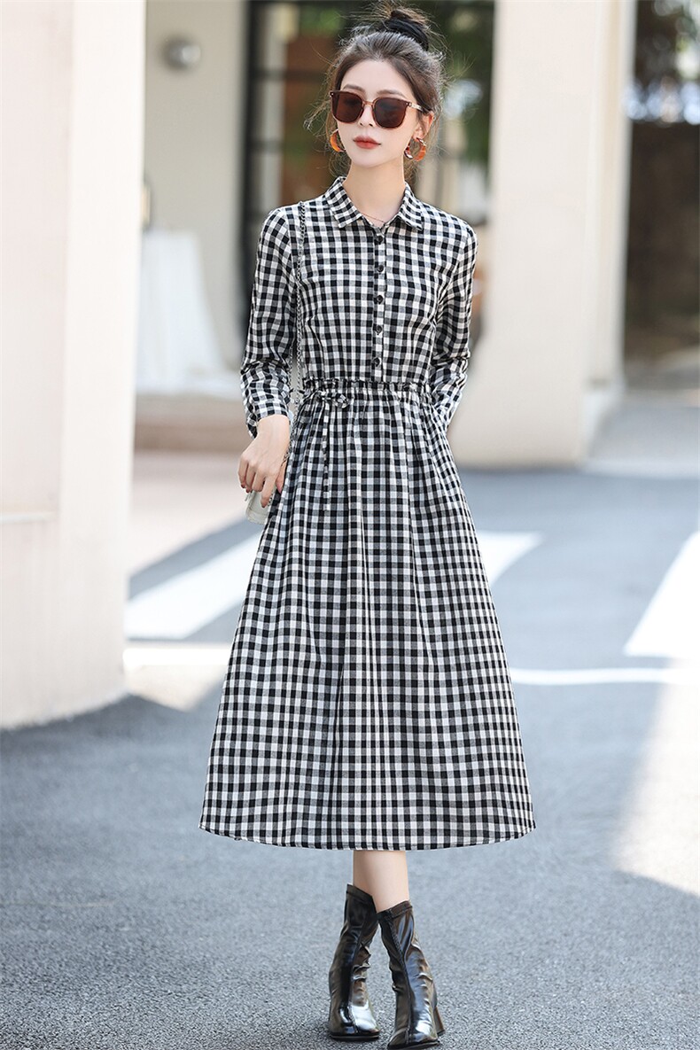黑白格子连衣裙女2025春秋新款复古气质中长款收腰显瘦衬衫领裙子,女装连衣裙,鑫思依格