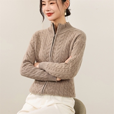 2025年秋季长袖时尚百搭通勤简约休闲麻花拉链开衫，女装羊毛衫，锦弘羊绒