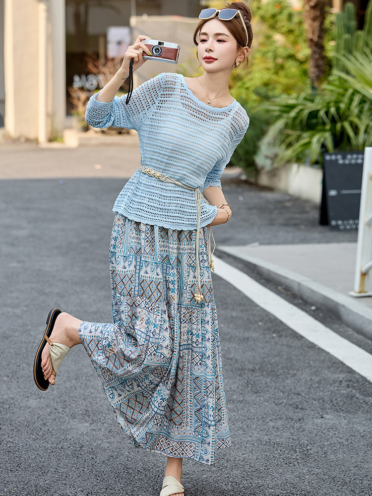 时尚百搭套装女2025新款夏宽松蕾丝镂空上衣半身裙印花长裙两件套,女装套装/套裙,众宇琦