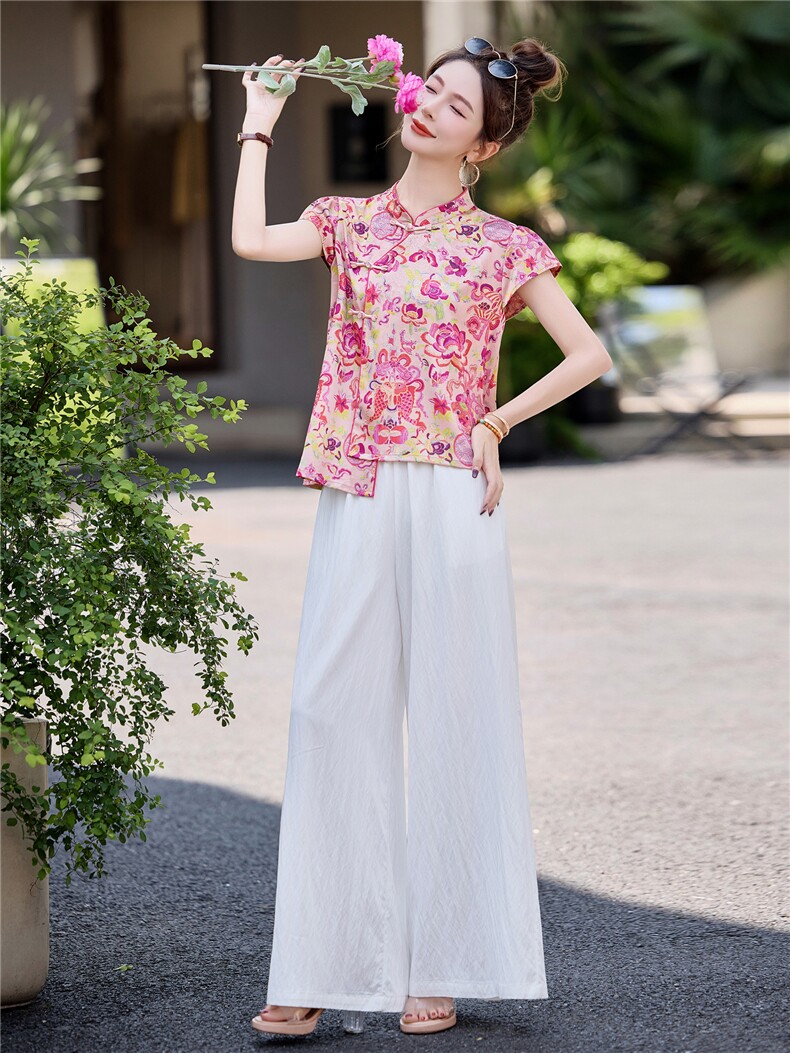 新中式风套装女2025夏季新款大方得体气质旗袍阔腿裤穿搭一整套,女装套装/套裙,韩宇舍