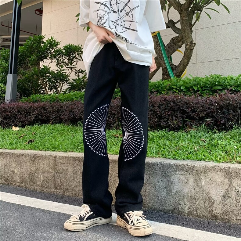 美式高街刺绣牛仔裤男款设计感直筒潮宽松休闲微喇叭裤N0037-P62,男装牛仔裤,星座308B-2