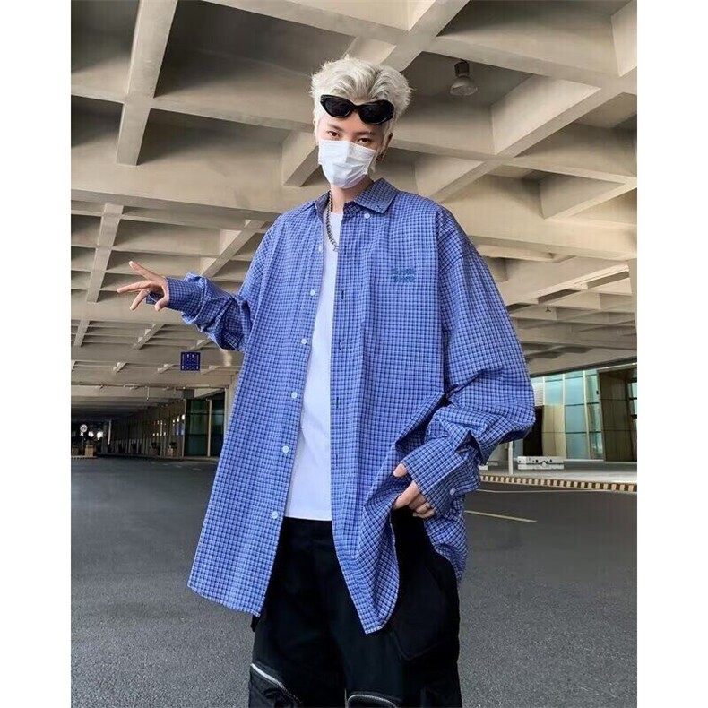 青少年刺绣格子慵懒长袖衬衫男女高级感百搭宽松衬衣外套C153,男装衬衫,星座1116A-1（原606A）
