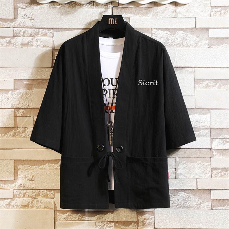 HF59098-P40风汉服男开衫外套七分袖道袍 砖墙挂拍图片
