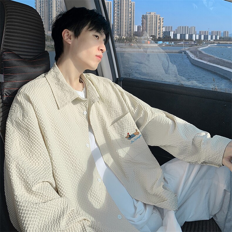 特批P28无差价2025秋季新款休闲腊肠狗泡泡纱大码衬衫外套男C5536,男装衬衫,电商A001