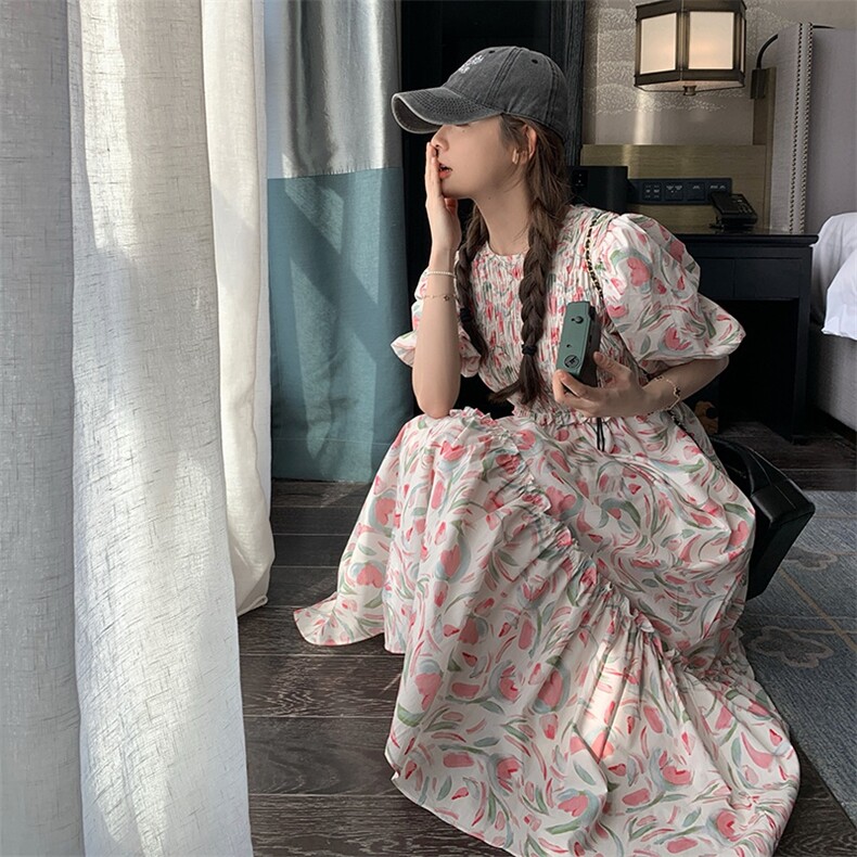 法式碎花连衣裙女夏季2025新款粉色小个子长裙高腰气质高级感裙子图片