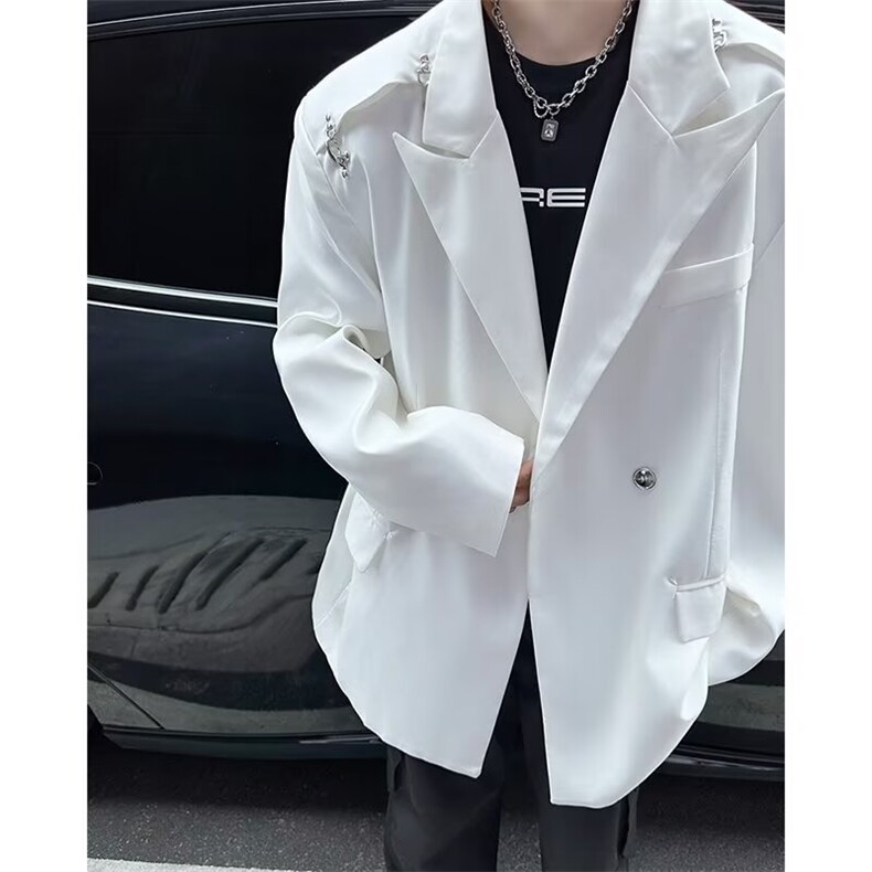 白色金属飞机扣西装男春秋款韩版潮流设计感痞帅青少年西服外套,男装西服套装,星座601-2