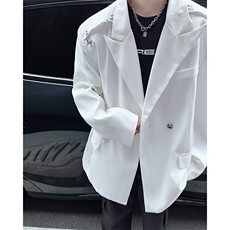 白色金属飞机扣西装男春秋款韩版潮流设计感痞帅青少年西服外套，男装西服套装，星座601-2