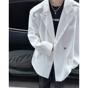白色金属飞机扣西装男春秋款韩版潮流设计感痞帅青少年西服外套