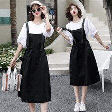 日系背带裙女夏季二件套装2021新款薄款减龄洋气中长款吊带连衣裙，女装连衣裙，辉之琳