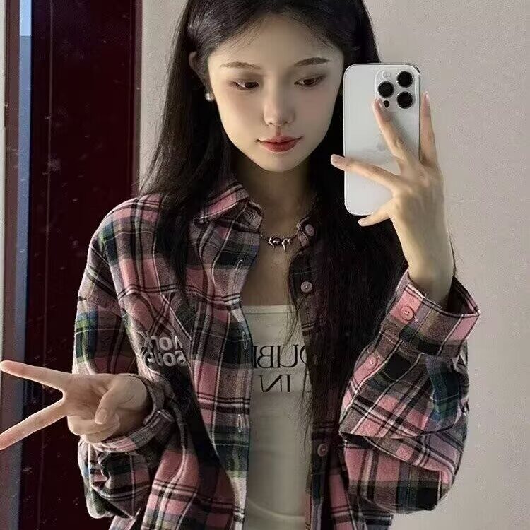 C59-P32港风磨毛棉格子衬衫女内搭叠穿春秋薄外套长袖上衣,男装衬衫,电商B323A