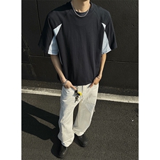 抖音得物高品质二开240克宽松纯棉美式高街拼接短袖T恤潮YQ38，男装T恤，电商A486