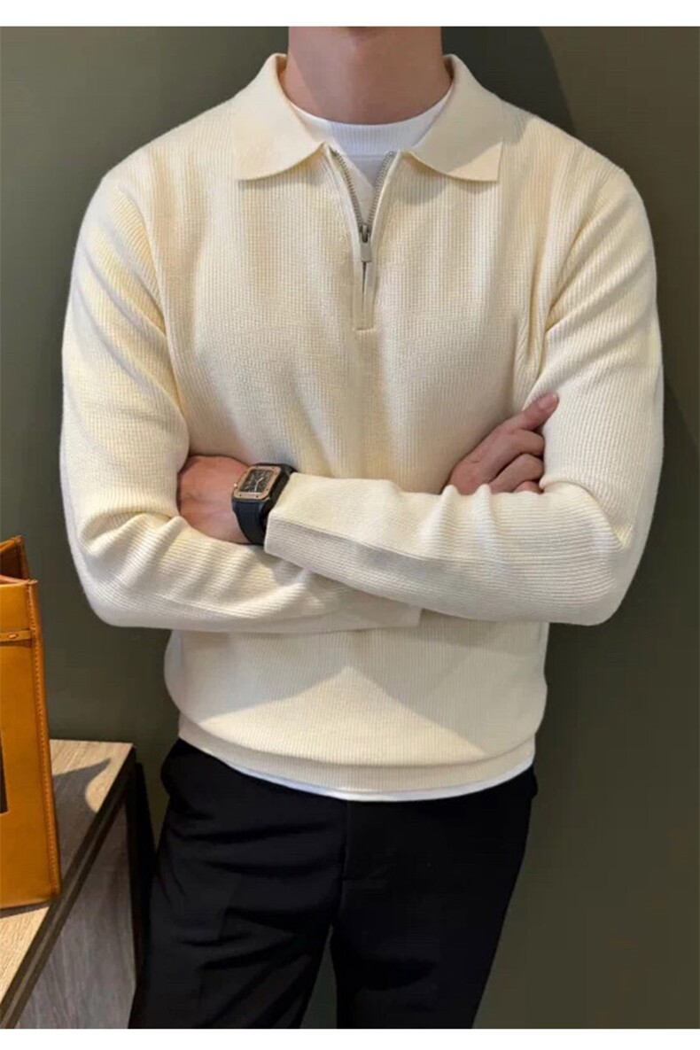 老钱风男士意式休闲POLO领毛衣秋冬纯色拉链针织衫H58004/P75,男装Polo衫,电商A243