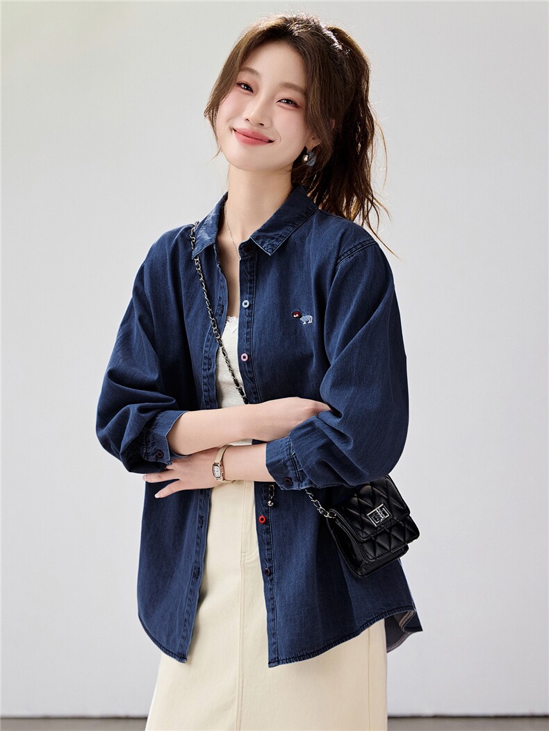 韩系松弛感牛仔衬衫女2026春款刺绣彩扣叠穿百搭长袖上衣宽松显瘦,女装衬衫,艾米