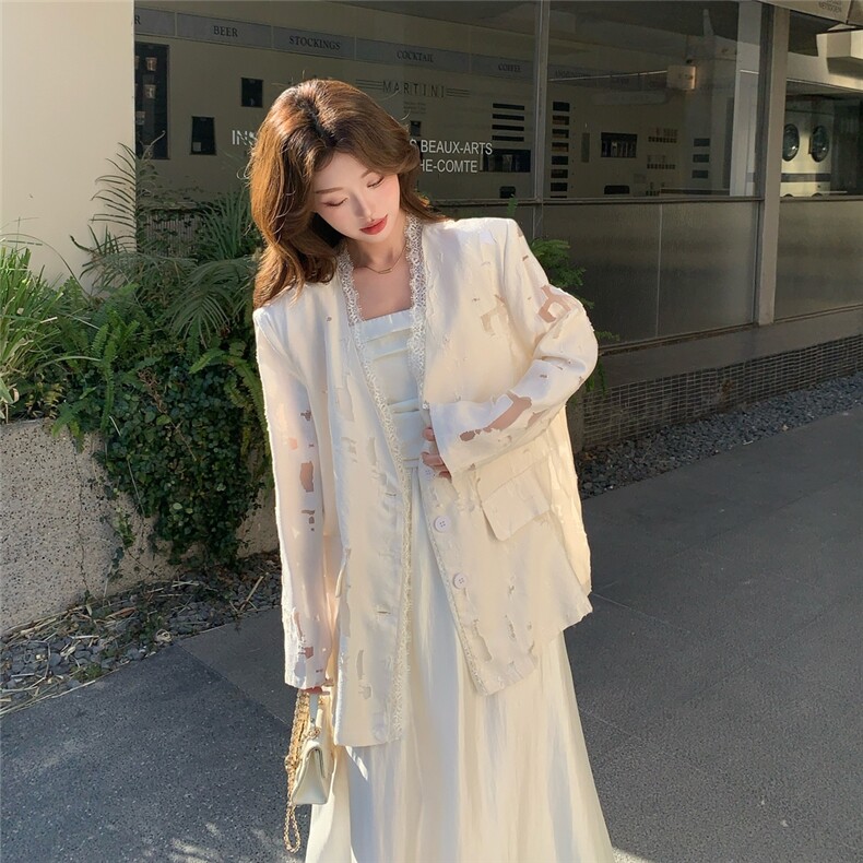 蕾丝花边米白色西装外套女夏2025新款百搭小香风漂亮洋气减龄西服,女装西装,2C273