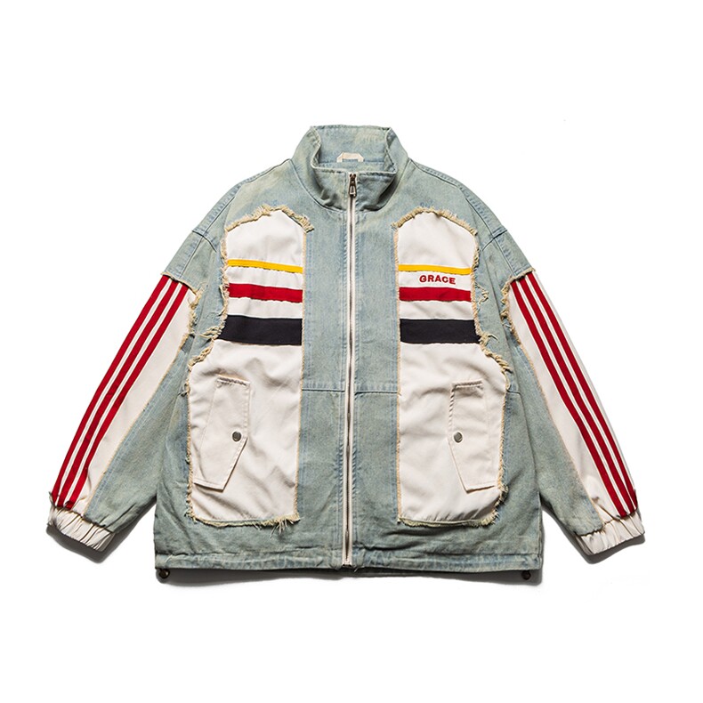 现货牛仔拼色立领街头潮牌外套夹克飞行服，男装工装外套，电商A105