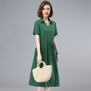 2021夏季新款简约时尚气质V型翻领抽绳系带收腰中长款连衣裙，女装连衣裙，鑫鑫格