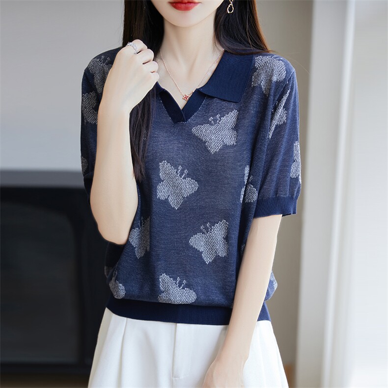 高级感莱赛尔针织POLO领提花短袖T恤女2025夏薄透气减龄小衫上衣,针织衫/毛衣,唐诺