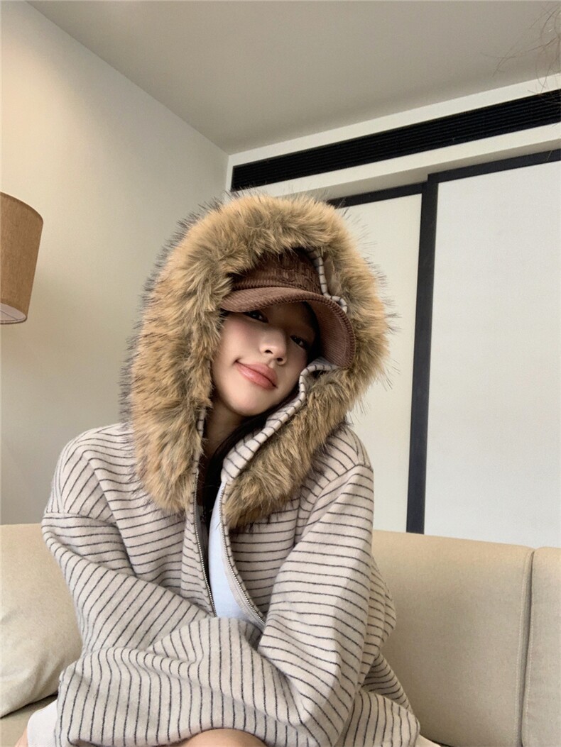 网图美式复古条纹毛领连帽卫衣外套女秋季休闲宽松开衫上衣特P79,女装短外套,电商C306-1