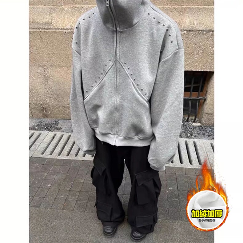 480G重磅加绒硬挺boxy男女美式高街卫衣铆钉杜宾犬耳朵开衫厚外套，女装短外套，电商A486