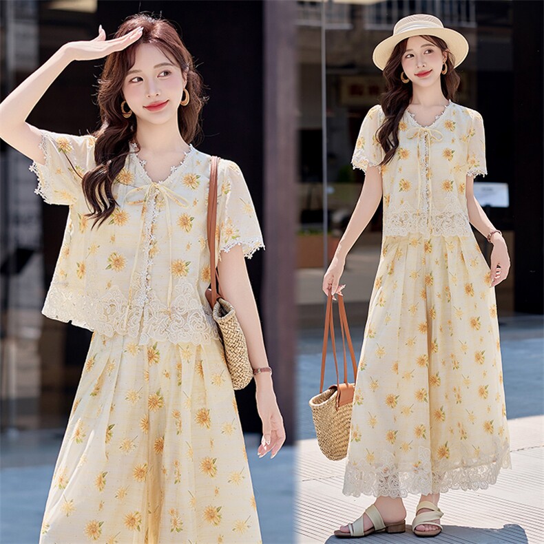 法式蕾丝拼接绣花套装女2025夏新款时尚洋气少女感V领上衣阔腿裤，女装套装/套裙，水衣源