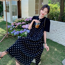 新款现货主推波点拼接假二件连衣裙9830-P115-K168，女装连衣裙，2C129
